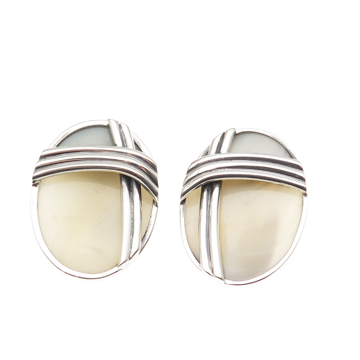 Ture Designs 925 Sterling Silver Vintage Real MOP Modernist Clip On Earrings