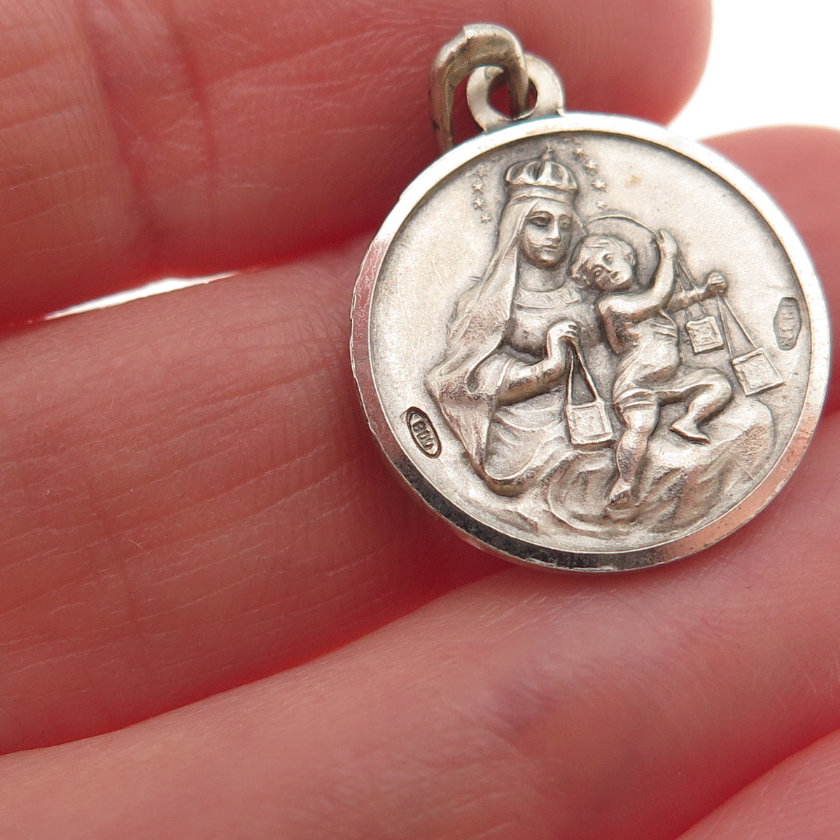 800 Silver Vintage Italy Jesus St. Mary Oxidized Mini Charm Pendant