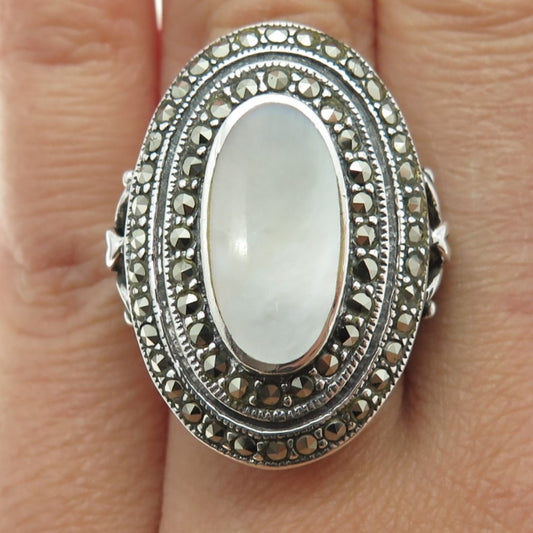 925 Sterling Silver Vintage Real Mother-of-Pearl Marcasite Statement Ring Size 6