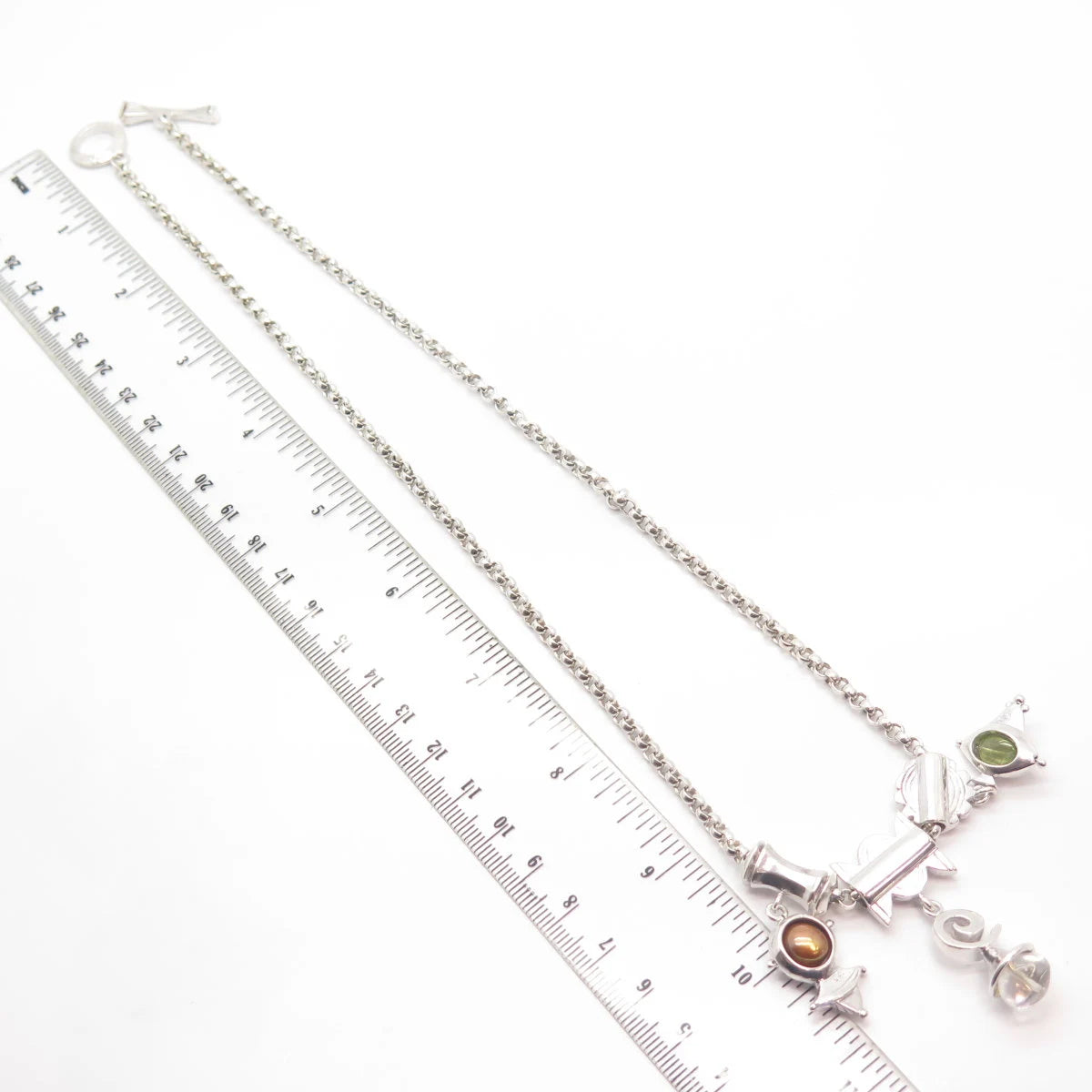 925 Sterling Silver Vintage Pearl & Quartz Peridot Gem Rolo Chain Necklace 18"