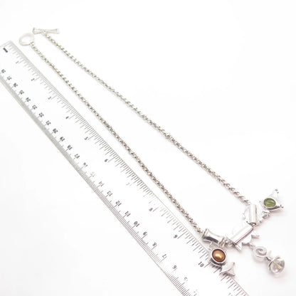 925 Sterling Silver Vintage Pearl & Quartz Peridot Gem Rolo Chain Necklace 18"