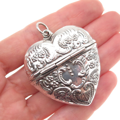 925 Sterling Silver Vintage Heart Repousse Chatelaine Box Oxidized Pendant