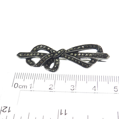 925 Sterling Silver Antique Art Deco Real Marcasite Gemstone Bow Pin Brooch