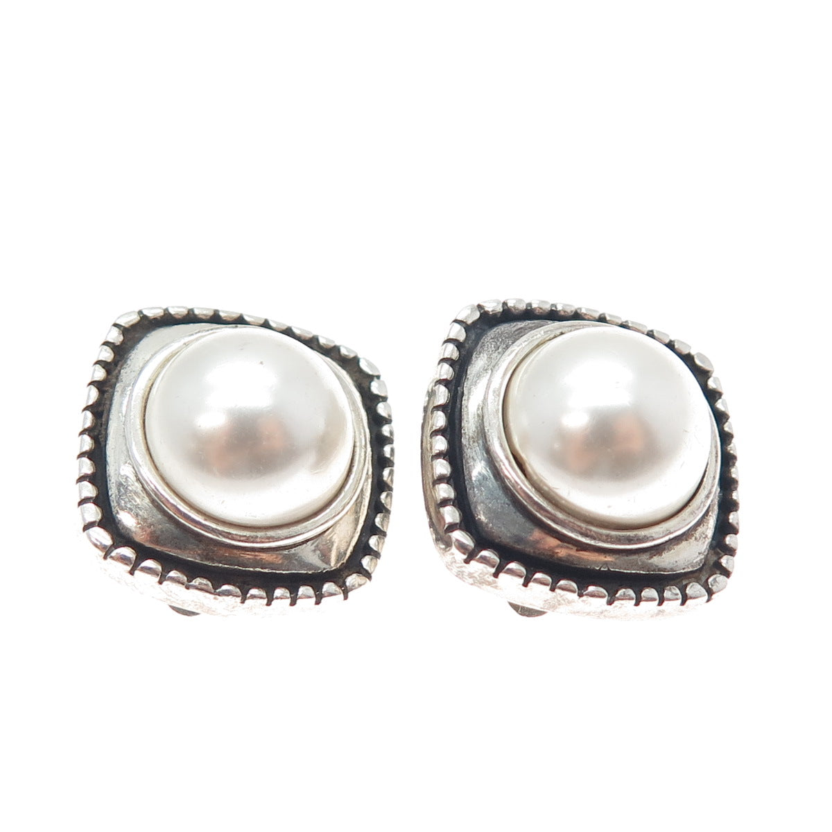 925 Sterling Silver Vintage Faux Pearl Modernist Oxidized Clip On Earrings