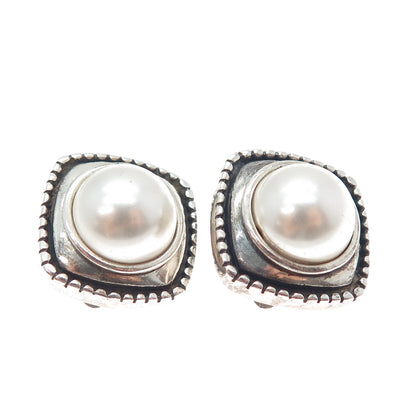 925 Sterling Silver Vintage Faux Pearl Modernist Oxidized Clip On Earrings