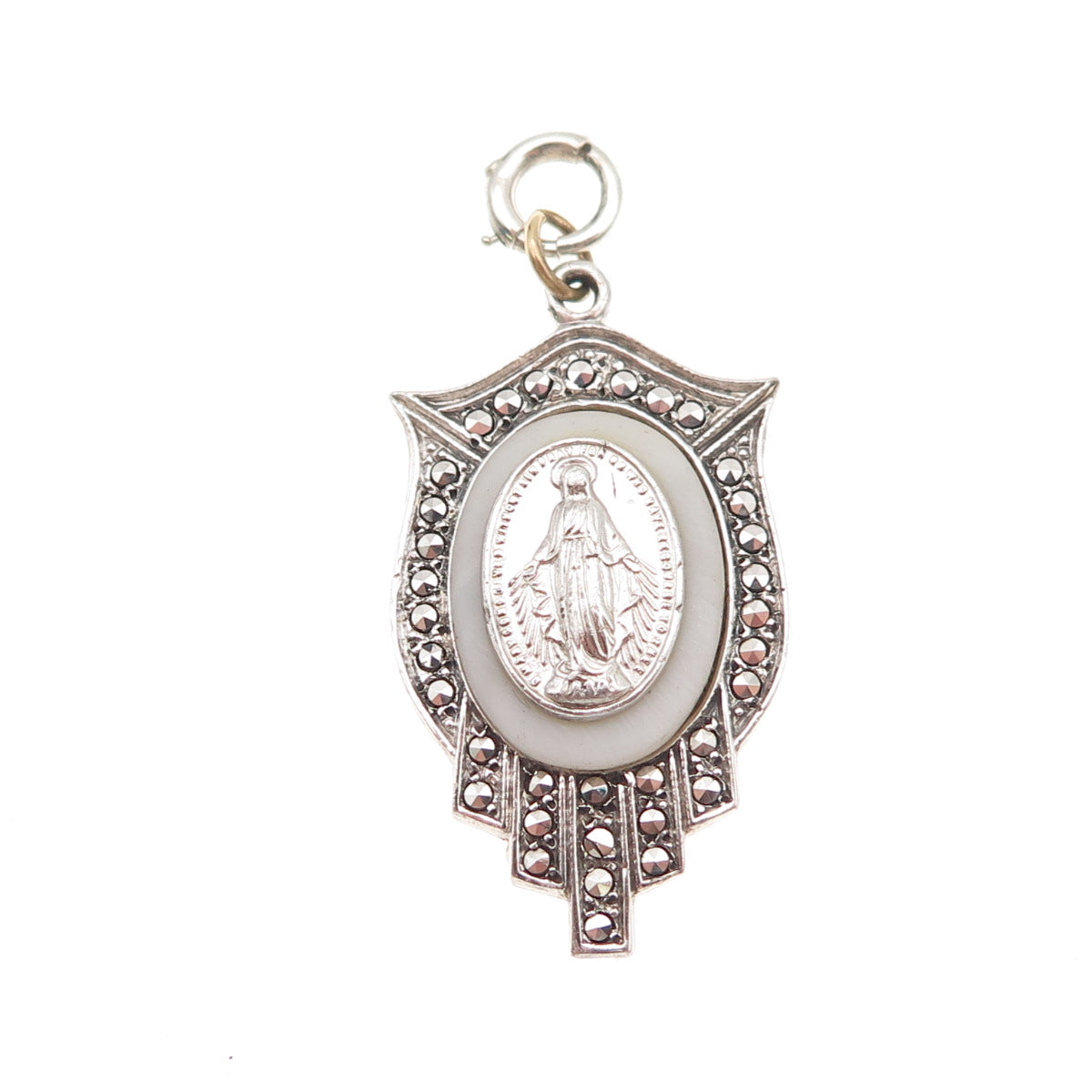 925 Sterling Antique Art Deco Real MOP & Marcasite St. Mary Spring Ring Pendant