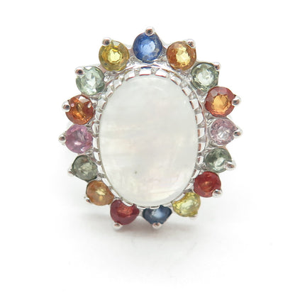 925 Sterling Silver Real Multi-Color Sapphire & Moonstone Floral Ring Size 6.75
