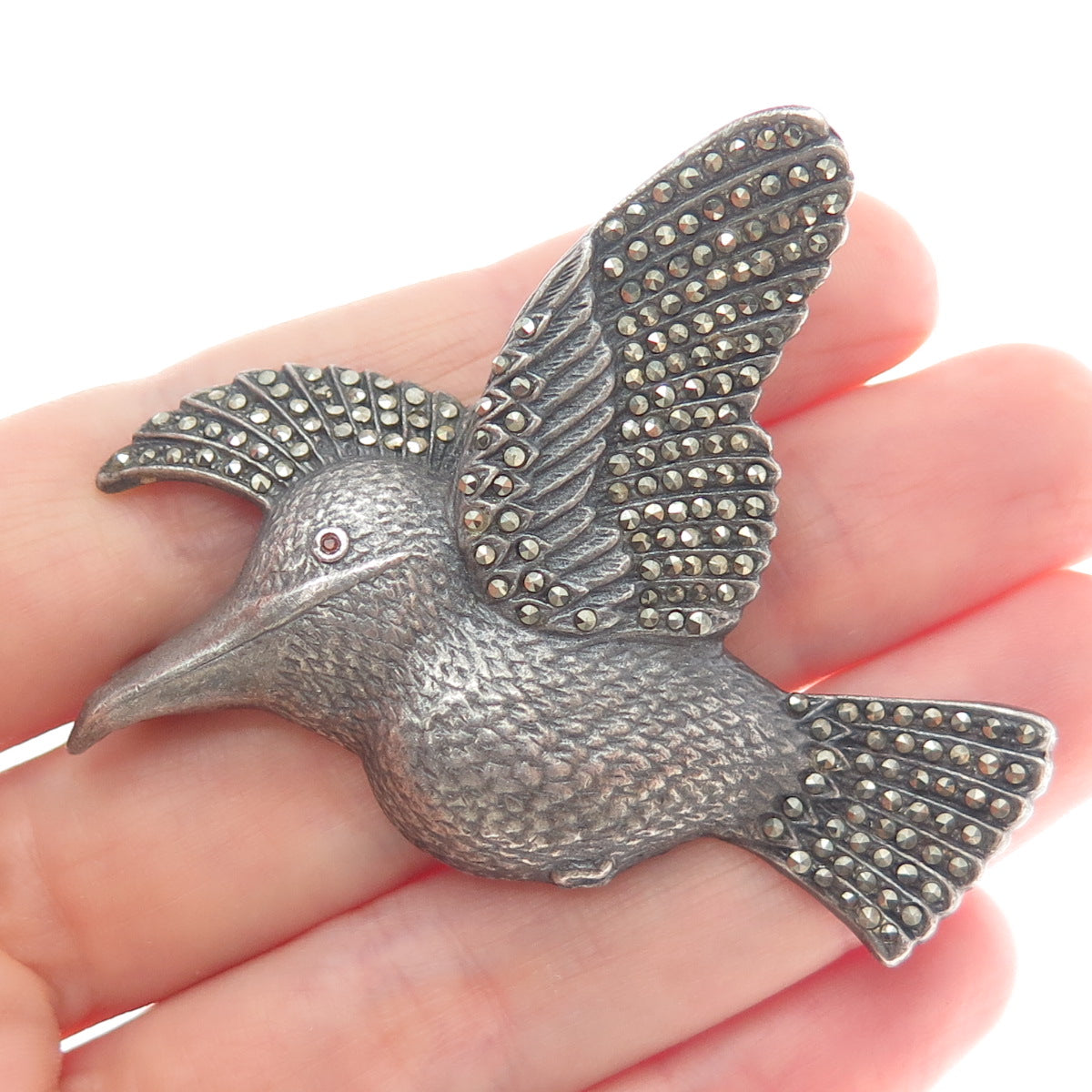 925 Sterling Silver Vintage Amethyst Gem Rhinestone Hummingbird Oxidized Brooch