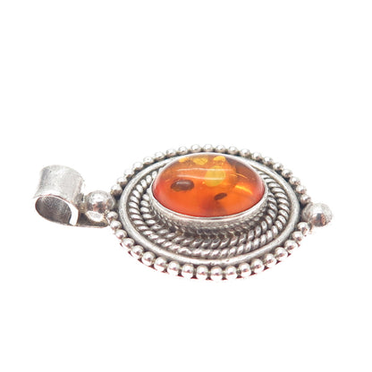 925 Sterling Silver Vintage Real Amber Beaded Oxidized Charm Pendant