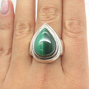 925 Sterling Silver Vintage Real Malachite Teardrop Ring Size 9.25