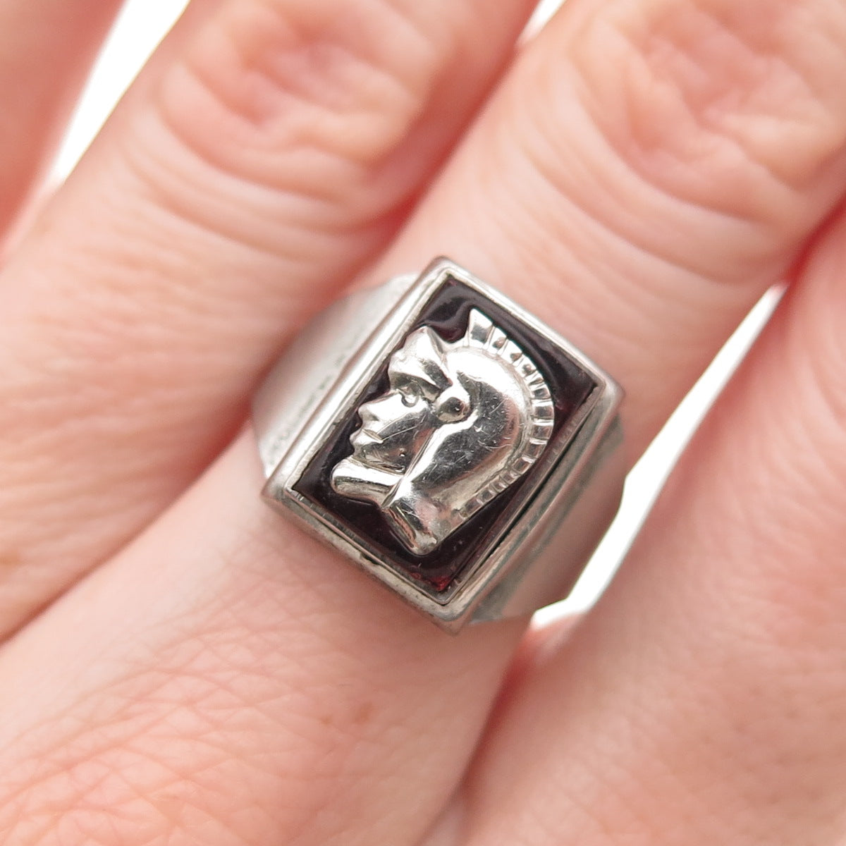 Silver-Tone Antique Art Deco Enamel Roman Warrior Ring Size 6.5