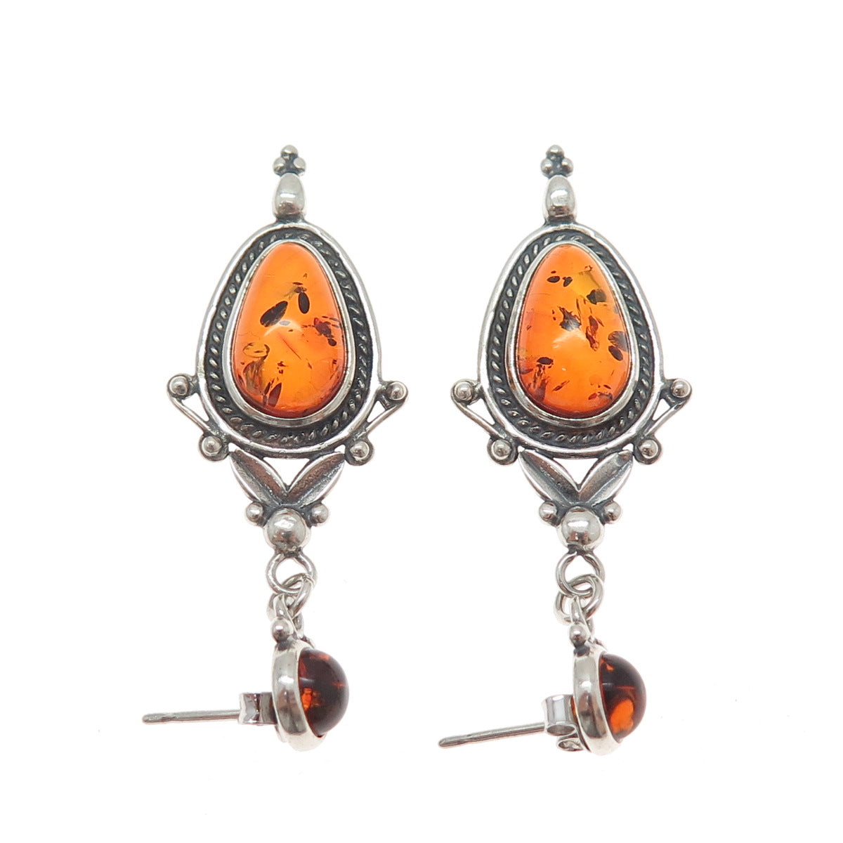 925 Sterling Silver Vintage Real Amber Modernist Floral Oxidized Dangle Earrings