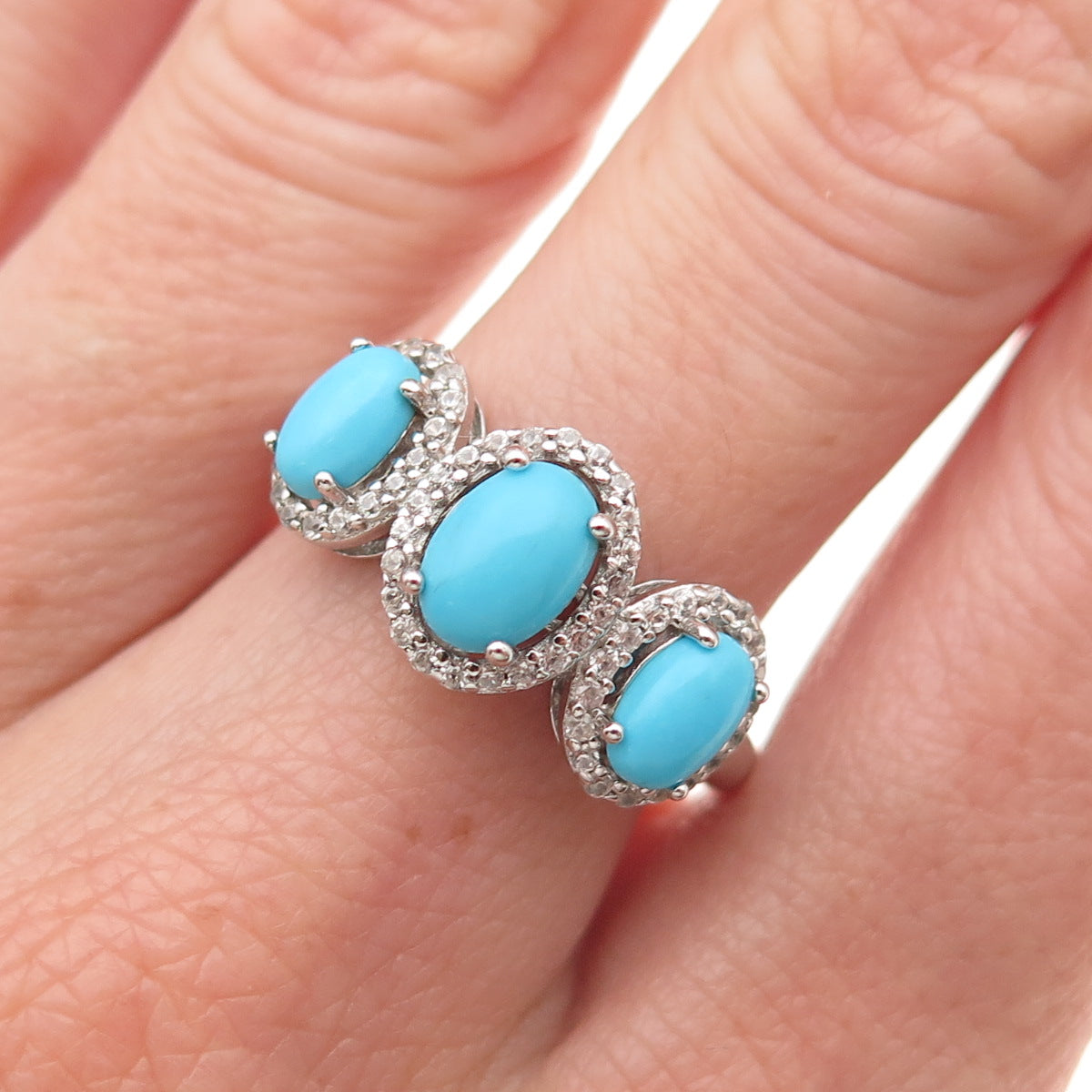 925 Sterling Silver Real Sleeping Beauty Turquoise & White Topaz Ring Size 8