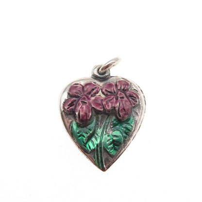 925 Sterling Silver Antique Art Deco Enamel Floral Chatelaine Heart Mini Pendant