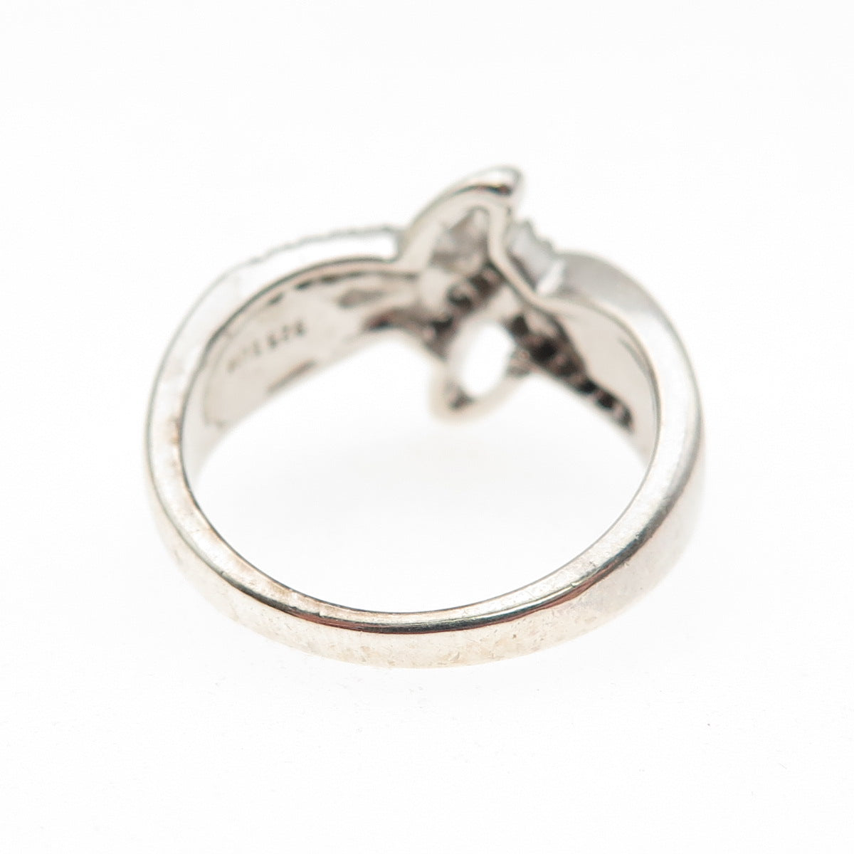 SUN 925 Sterling Silver Real Round-Cut Diamond Bypass Ring Size 6.75