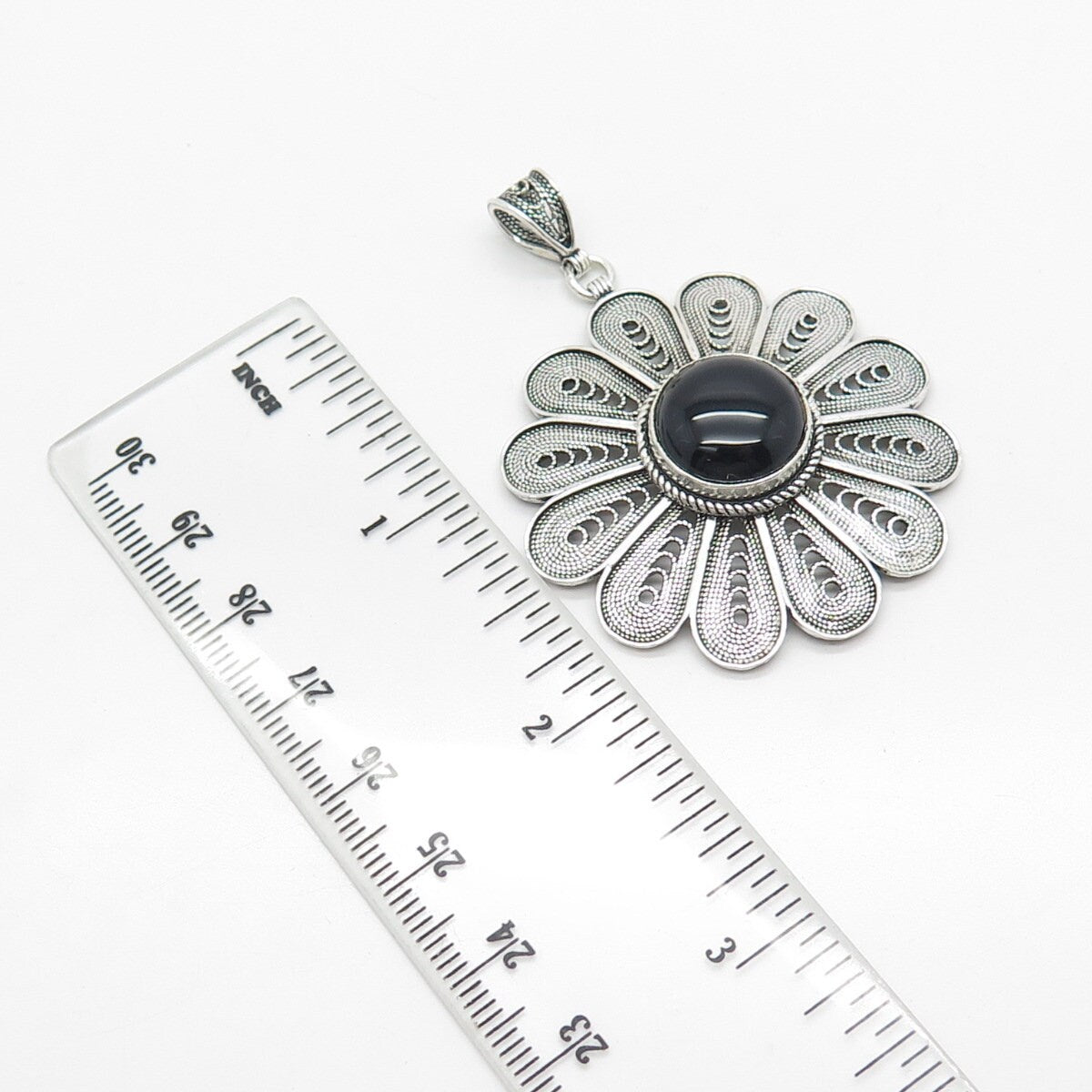 925 Sterling Silver Vintage DBS Turkey Real Black Onyx Filigree Floral Pendant