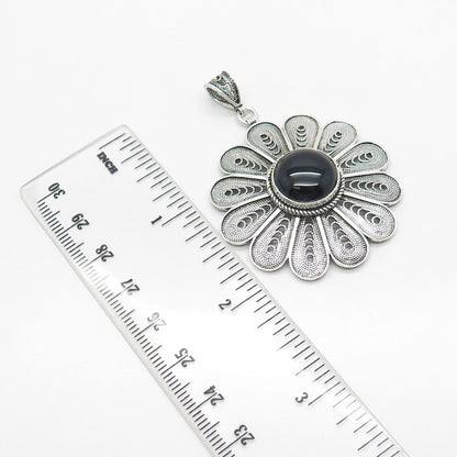 925 Sterling Silver Vintage DBS Turkey Real Black Onyx Filigree Floral Pendant