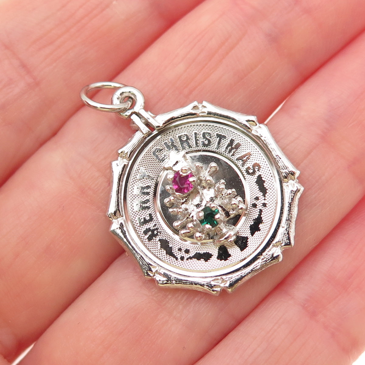 925 Sterling Silver Vintage Rhinestone Merry Christmas Tree Charm Pendant