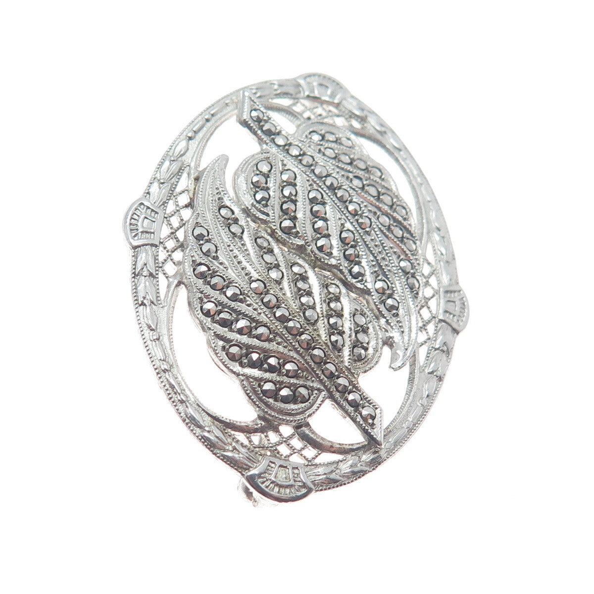 925 Sterling Silver Antique Art Deco Real Marcasite Gem Floral Leaf Pin Brooch