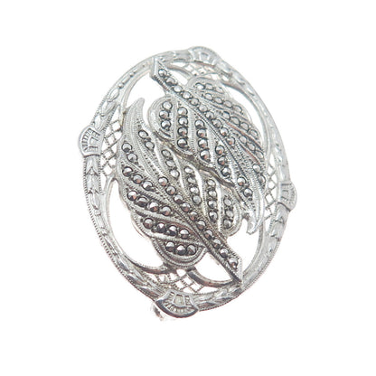 925 Sterling Silver Antique Art Deco Real Marcasite Gem Floral Leaf Pin Brooch