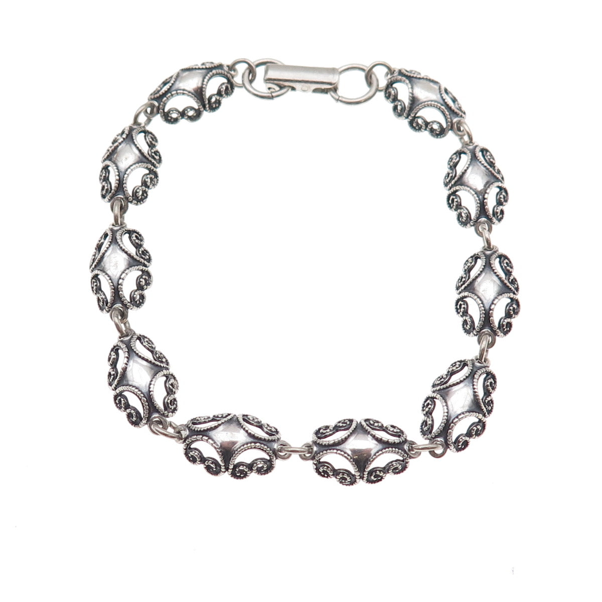 Beau 925 Sterling Silver Antique Art Deco Floral Filigree Link Bracelet 7"