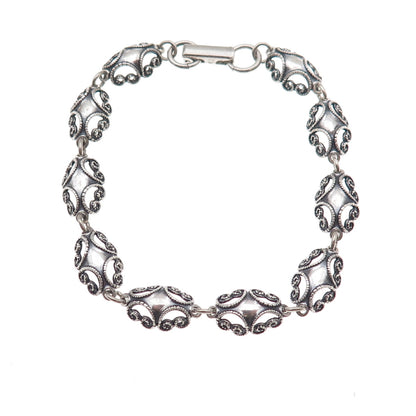 Beau 925 Sterling Silver Antique Art Deco Floral Filigree Link Bracelet 7"