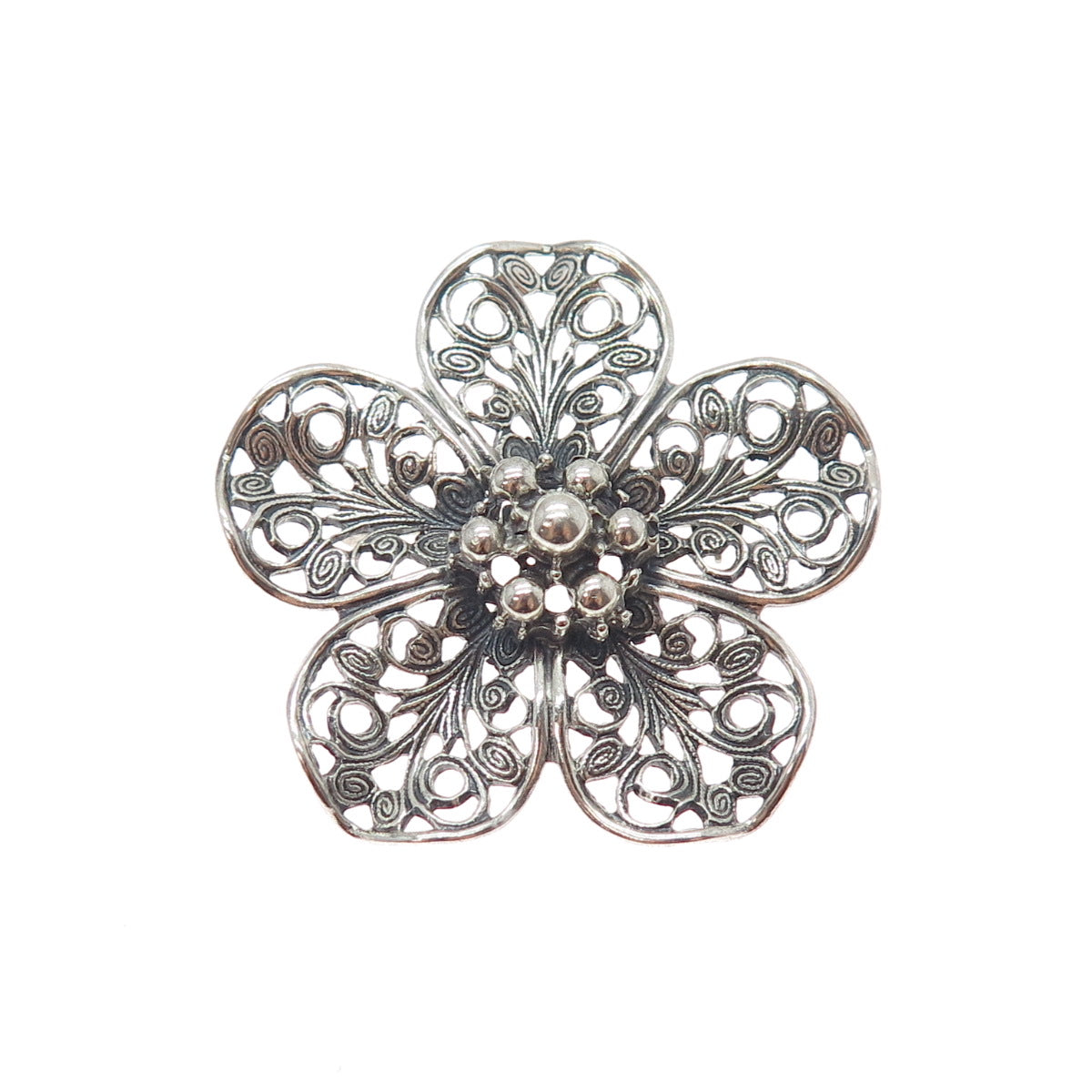 BEAU 925 Sterling Silver Antique Art Deco Flower Filigree Oxidized Pin Brooch