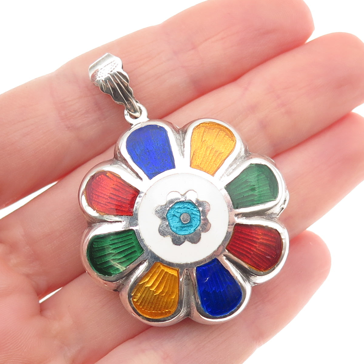 925 Sterling Silver Vintage Enamel Modernist Floral Locket Pendant