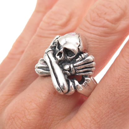 925 Sterling Silver Vintage Misfits Skeleton Skull Biker Ring Size 11.25