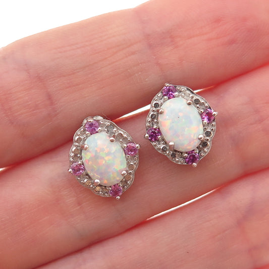925 Sterling Silver Real Diamond Opal & Pink Sapphire Earrings