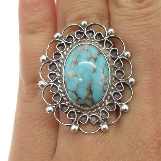 925 Sterling Silver Vintage Mexico Faux Turquoise Ornate Frame Ring Size 6.25