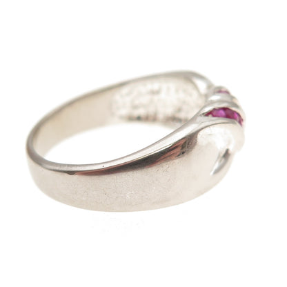 925 Sterling Silver Vintage Real Round-Cut Ruby Modernist Ring Size 7.25
