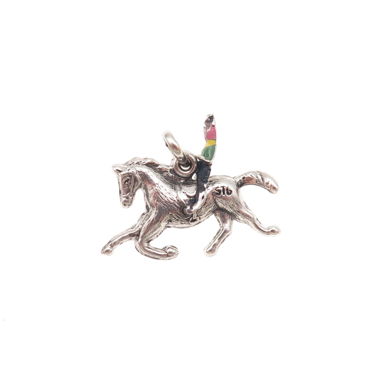 925 Sterling Silver Antique Art Deco Enamel Horse Rider Mini Charm Pendant