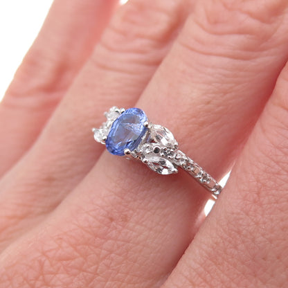 925 Sterling Silver Real Tanzanite & White Topaz Ring Size 8
