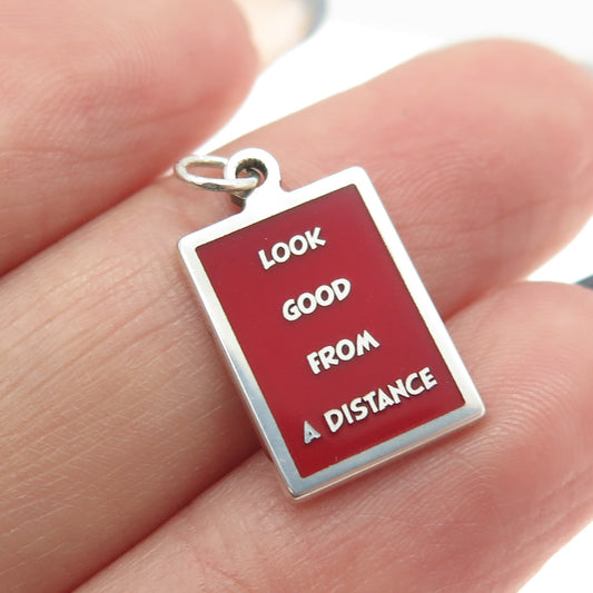 925 Sterling Silver Enamel "Look Good From A Distance" Minimalist Charm Pendant