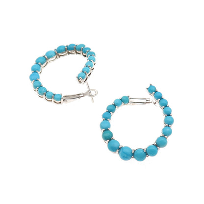 925 Sterling Silver Real Sleeping Beauty Turquoise Beaded Hoop Earrings