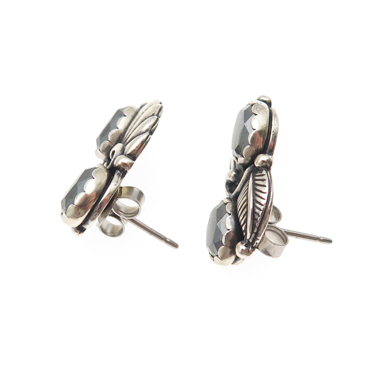 Wheeler Mfg Old Pawn Sterling Silver Vintage Hematite Floral Oxidized Earrings