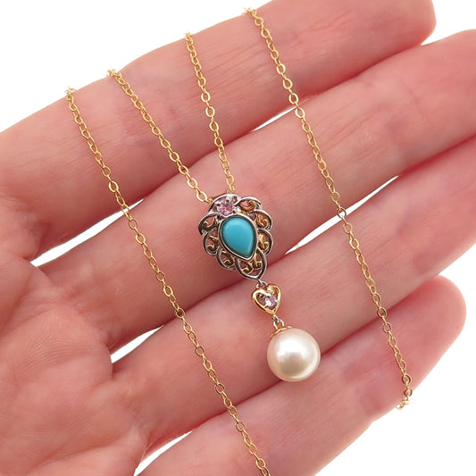 925 Sterling Silver Gold Plated Real Turquoise Pink Topaz & Pearl Necklace 18"