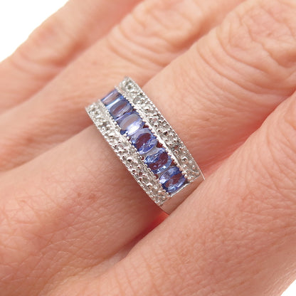 925 Sterling Silver Real Oval-Cut Tanzanite & Round-Cut White Topaz Ring Size 8