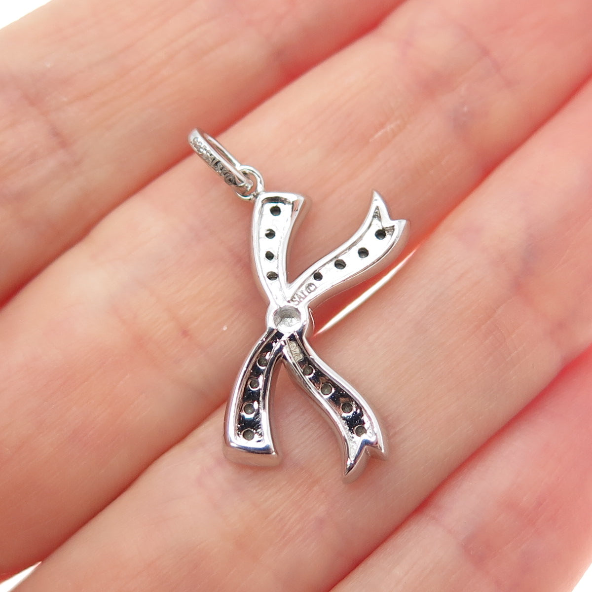 SAI 925 Sterling Silver Round-Cut Ocean Blue C Z Bow Minimalist Charm Pendant