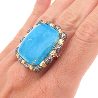925 Sterling Silver Gold Plated Black Rhodium Vintage Turquoise Ring Size 7.25