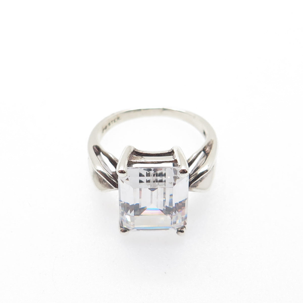 925 Sterling Silver Vintage Emerald-Cut C Z Engagement Ring Size 7