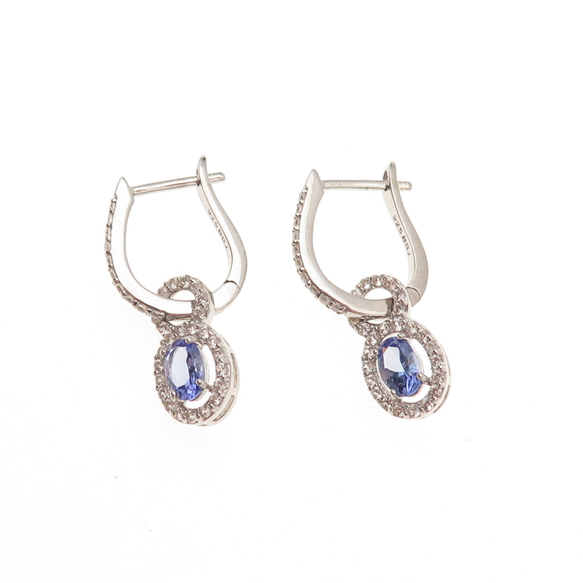 925 Sterling Silver Real Tanzanite & White Topaz Dangle Charm Hoop Earrings