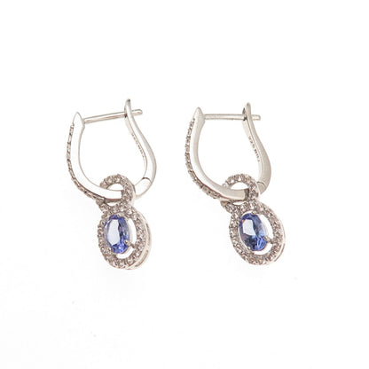 925 Sterling Silver Real Tanzanite & White Topaz Dangle Charm Hoop Earrings
