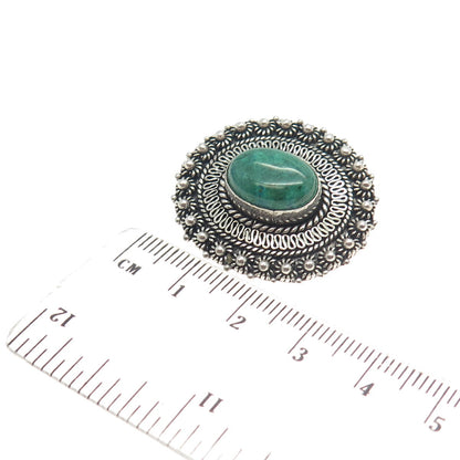 925 Sterling Silver Vintage Real Jade Gemstone Ethnic Pin Brooch / Pendant