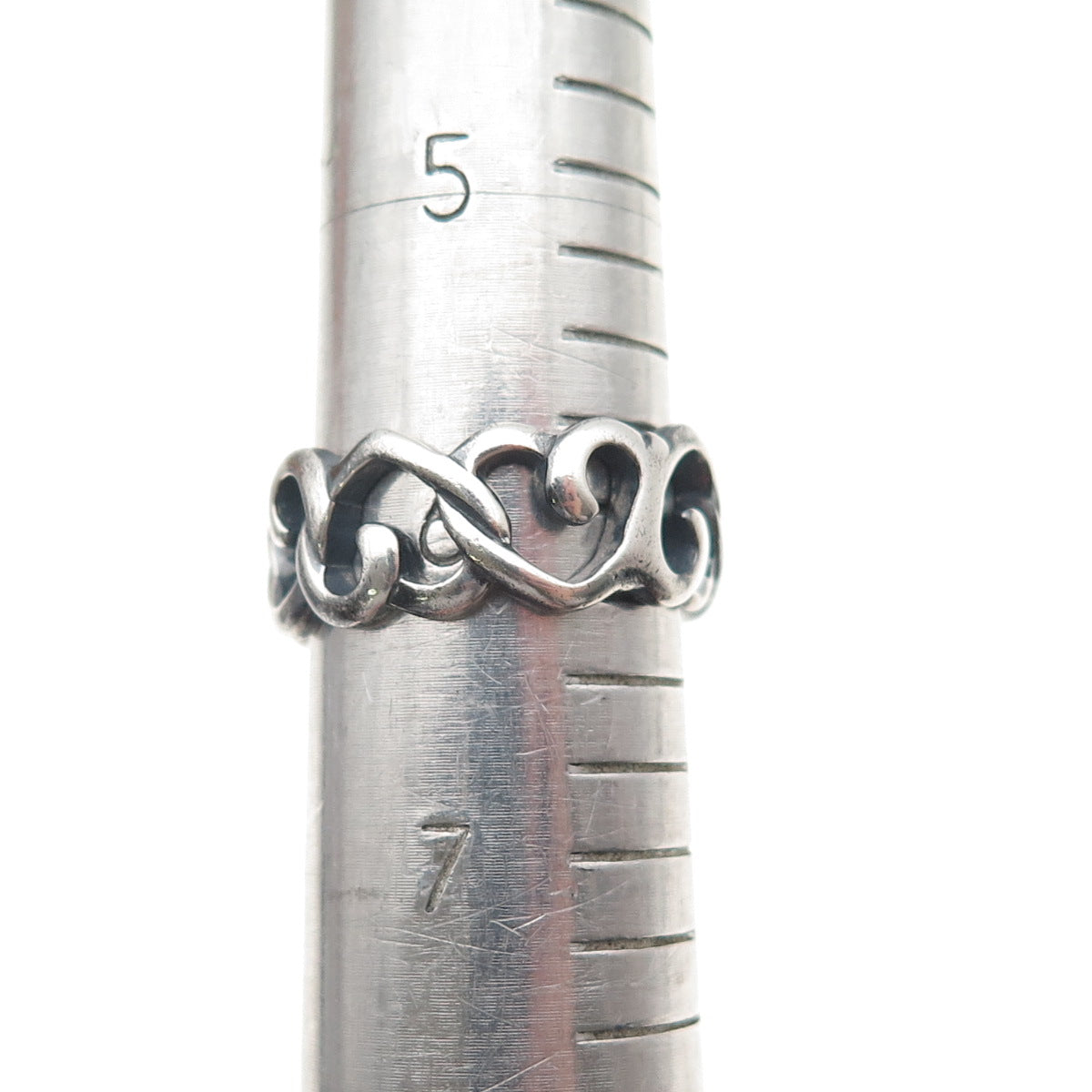 925 Sterling Silver Vintage Heart Link Oxidized All Around Band Ring Size 6.25