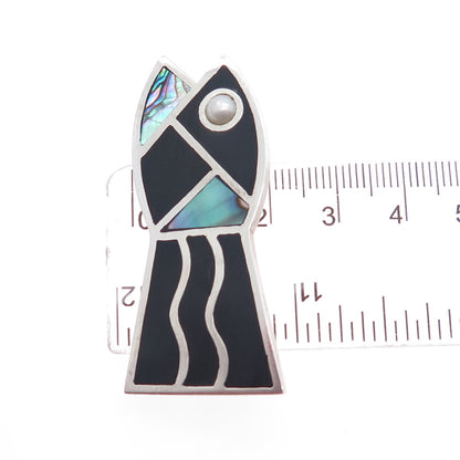 925 Sterling Silver Vintage Real Abalone Shell & Pearl Fish Pin Brooch