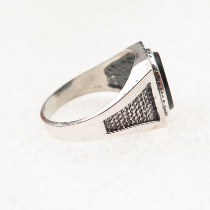 925 Sterling Silver Vintage Real Black Onyx Hammered Oxidized Ring Size 9