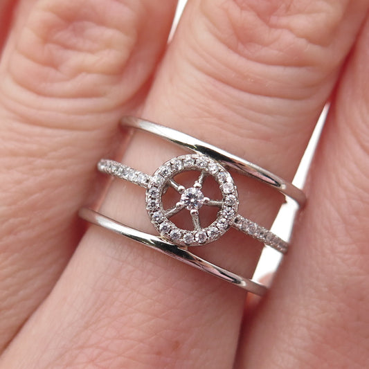925 Sterling Silver Round-Cut C Z Wheel of Fortune Multi-Row Ring Size 7