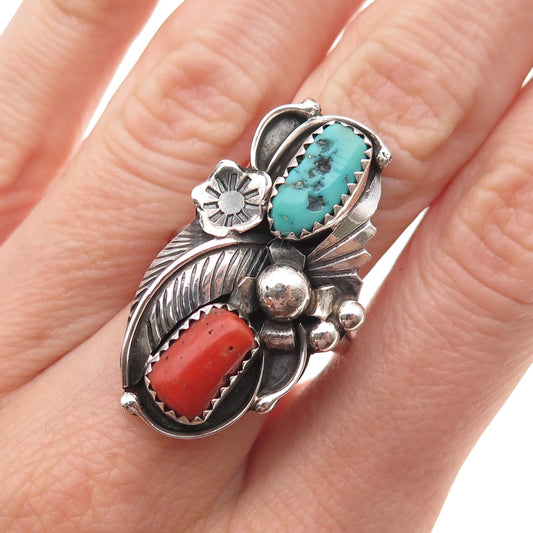 Angela Lee Navajo Old Pawn Sterling Silver Vintage Turquoise Coral Ring Size 8